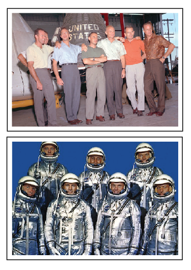 Top: Original Mercury 7 astronauts, with crew cuts.Bottom: Later that day, at a restaurant, trying to hide their hair.